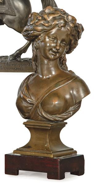  Busto de dama en bronce. Firmado Louis Valentin Elias Robert. Francia, S. XIX.