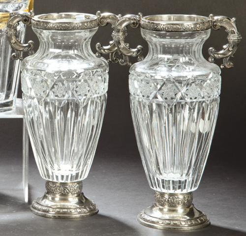  Pareja de jarrones de cristal tallado y plata española punzonada 1ª Ley de Matilde Espuñes.