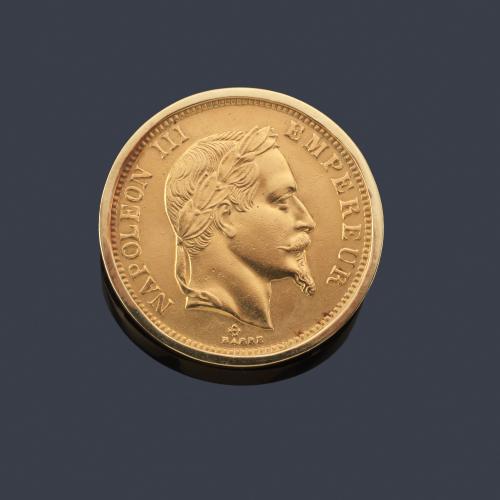  Moneda enmarcada de Napoleon III, 100 francos en oro de 22 K y marco de 18 K