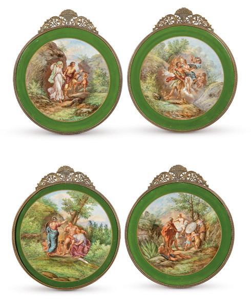  Conjunto de cuatro placas en porcelana "Chateau des Etoiles". Con marcas. Francia, Pps. S. XX.