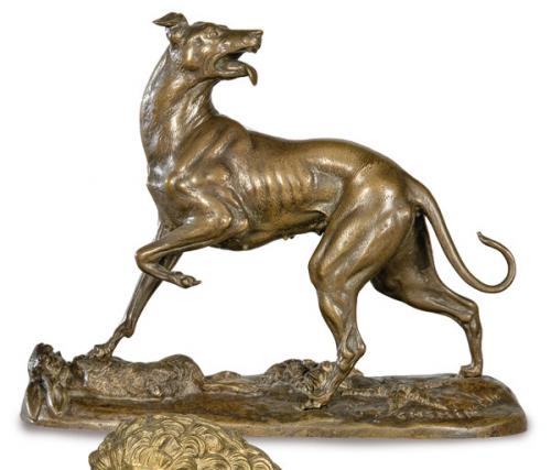  Siguiendo a Joseph Victor Chemin (Francia 1825-1901)
"Perro y Liebre" mediados S. XX
Escultura de bronce dorado.