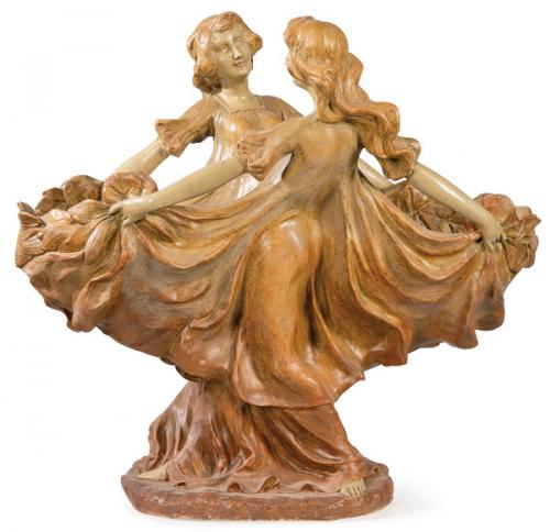  Centro de mesa Art Nouveau en terracota con dos mujere de Friiedrich Goldscheider (Austria 1845-1897)