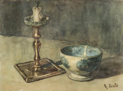  ALFREDO SOUTO Y CUERO - Naturaleza muerta con cerámica y candelabro
