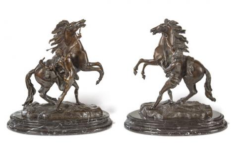  Siguiendo a Guillaume Coustou (1.677-1.746)
"Caballos de Marly", Francia S. XX
En bronce patinado, firmados "Coustou"