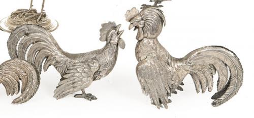  "Gallo y Gallina" de plata española punzonada 1ª Ley de Dionisio García.