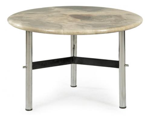  Mesa auxiliar redonda con tablero de formica marmorizado y patas de metal, de los años 70