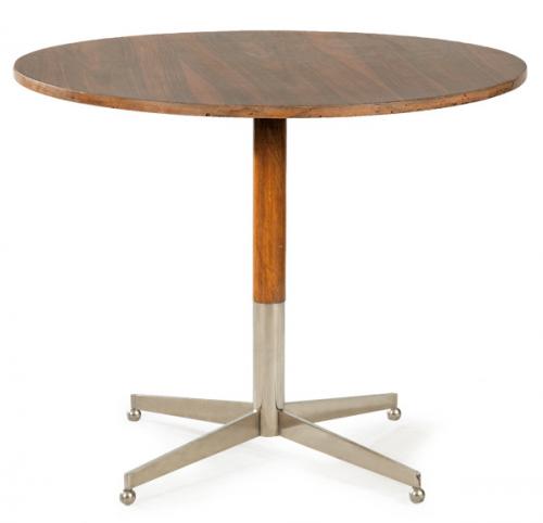  Mesa de comedor redonda, con tablero en madera chapeada de teca. 
Dinamarca, años 60