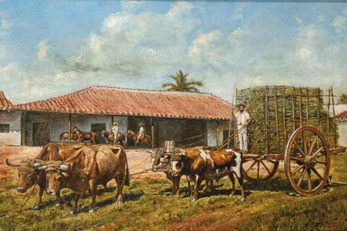 Lote 0110
EDUARDO MORALES - Yunta de bueyes portando caña de azucar frente a un ingenio