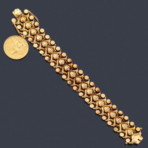  Pulsera retro años '40 en montura de oro rosa de 18K con moneda colgante de 10 dólares.