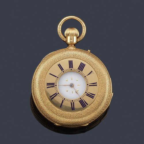 Lote 2571
POITEVIN, reloj cazador repetición sonría a cuartos con caja en oro amarillo de 18 K.