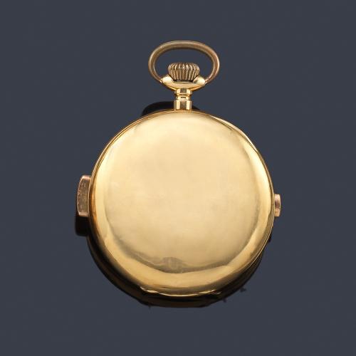 Lote 2574
Reloj saboneta sonería repetición a cuartos con caja en oro amarillo de 18 K.