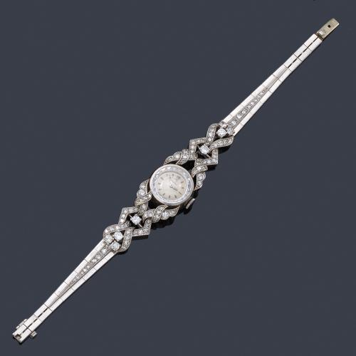  Reloj-joya 'Art Decó' con diamantes talla brillante y sencilla en montura de platino. Años '30.