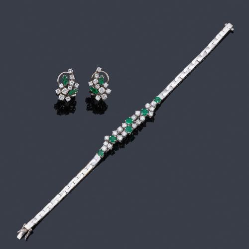  Pulsera y pendientes con brillantes de aprox. 3,10 ct en total y esmeraldas talla redonda y marquís en montura de oro blanco de 18K.