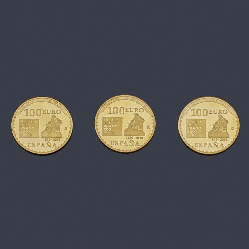  3 Monedas 200 años del Museo del Prado en oro de 24 K con estuche y certificados.