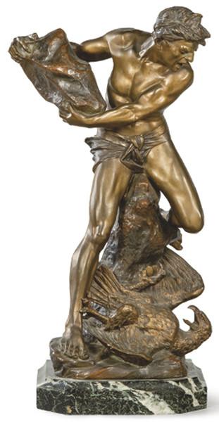  Edouard Drouot (Francia 1859-1945)
"Prometeo Luchando con el Aguila"
Escultura de bronce patinado. Firmada. Con base de mármol serpentín.