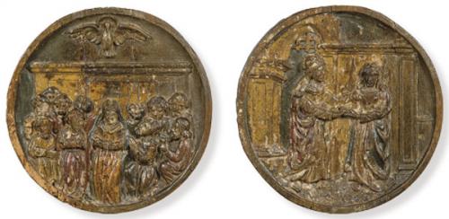 Lote 1078
"La Visitación" y "María con Santos" pareja de tondos de madera tallados en relieve y policromados, España S. XVI.