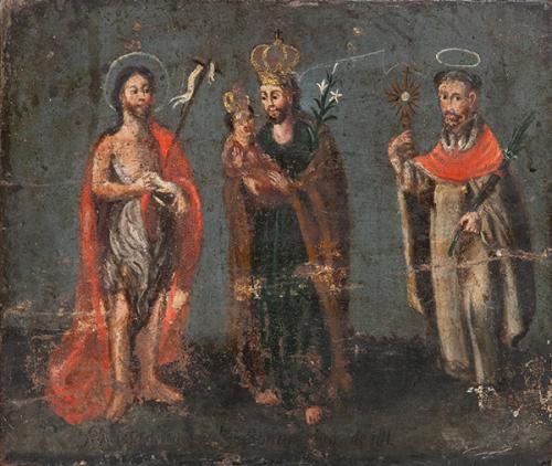  ESCUELA COLONIAL S. XVIII - San José con el Niño coronados ambos y rodeados por San Juan Bautista y San Ramón Nonato
