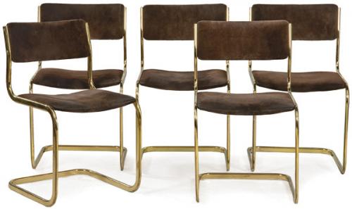  Marcel Breuer (1902-1981) Reedición
Conjunto de cinco sillas (B32) con estructura en metal dorado, asiento y respaldo tapizados en terciopelo oscuro. Faltas.
S. XX.