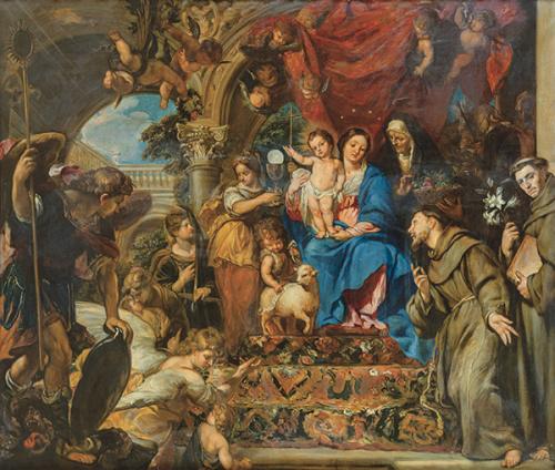  COPIA DE CLAUDIO COELLO S. XIX - La Virgen con el Niño entre las Virtudes Teologales y santos