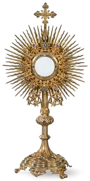  Custodia de plata dorada de Ansorena y piedras preciosas ff. S. XIX pp. S. XX