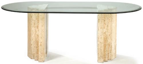  Mesa de comedor sobre dos patas poliédricas en mármol y metal cromado, con sobre de cristal. Años 70