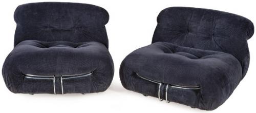 Afra (1937-2011) y Tobia Scarpa (1935-) 
Pareja de sillones modelo Soriana, con estructura de acero tubular cromado, poliuretano y tela de pana negra.
Italia, años 70 