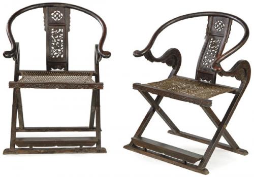 Lote 1369
Pareja de sillones plegables chinos de madera tallada, Dinastía Qing ff. S. XIX.
