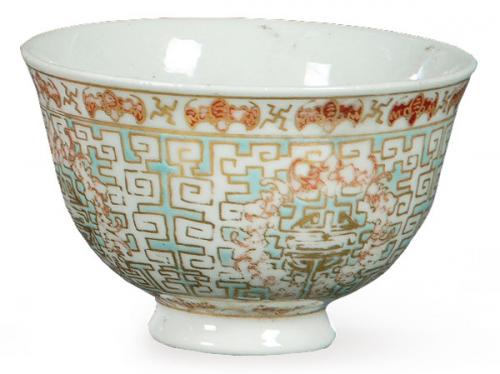  Cuenco de porcelana china en turquesa, rojo de hierro y oro, Dinastía Qing, época de Xianfeng (1851-1861)