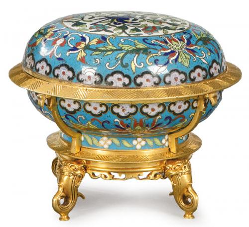  Caja circular de esmalte cloisonné con montura de bronce dorado S. XIX