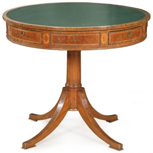  Mesa de biblioteca circular estilo Regencia de la Fundación Espiritú Santo en madera de caoba. Faltas. Estampillado y fechado en 1962