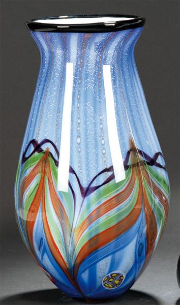  Jarrón de cristal de Murano azo con decoración roja verde y negra