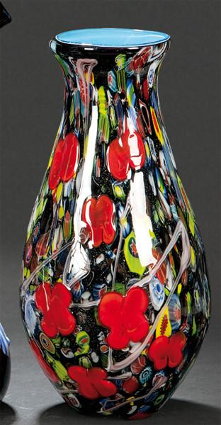  Jarrón de cristal de Murano negro con decoración molti fiori