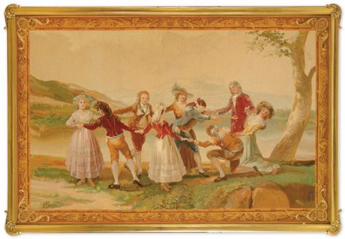  "La gallina ciega" Tapiz tejido en lana por la Fundación de Gremios sobre cartón de Francisco de Goya, con marca. Marco de metal dorado de estilo Luis XV, S. XX