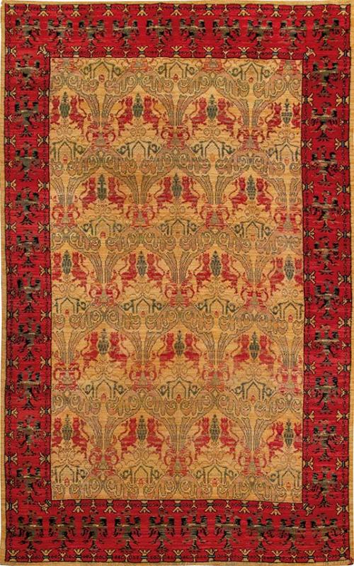  Alfombra española tipo Cuenca en lana.
Con motivos geométricos sobre campo claro y cenefa rojam con leones afrontados.