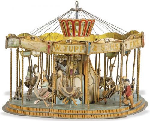  Tiovivo de colgar de madera pintada y metal con la inscripción "W. Jupp & Sons Fair".