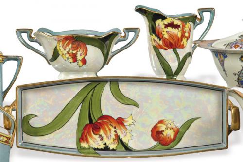  Azucarero, lechera y bandeja de porcelana japonesa de Noritake de estilo Art Nouveau con marca de Hermanos Morimura h. 1920.