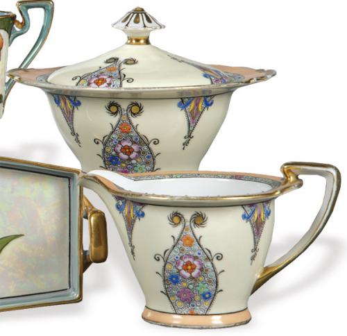  Azucarero y lechera de porcelana japonesa de Noritake con marca de Hermanos Morimura h. 1920-40.