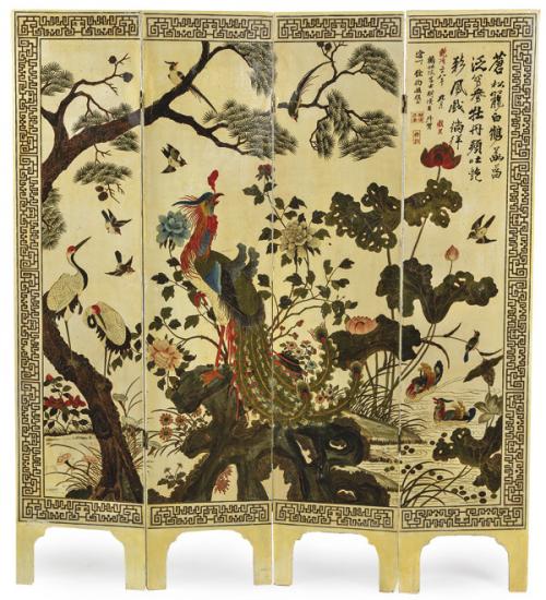  Biombo de cuatro hojas de madera lacada y pintada, China h. 1960-70. 