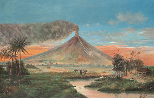 Lote 0154
ESCUELA FILIPINA S. XX - Vista rural de Legazpi durante la erupción del volcán Mayón