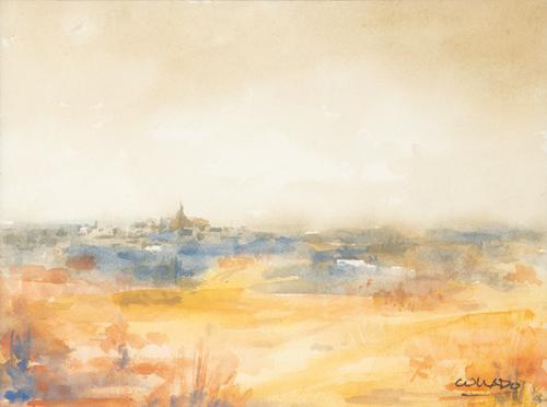  ESCUELA ESPAÑOLA S. XX - Paisaje con pueblo al fondo