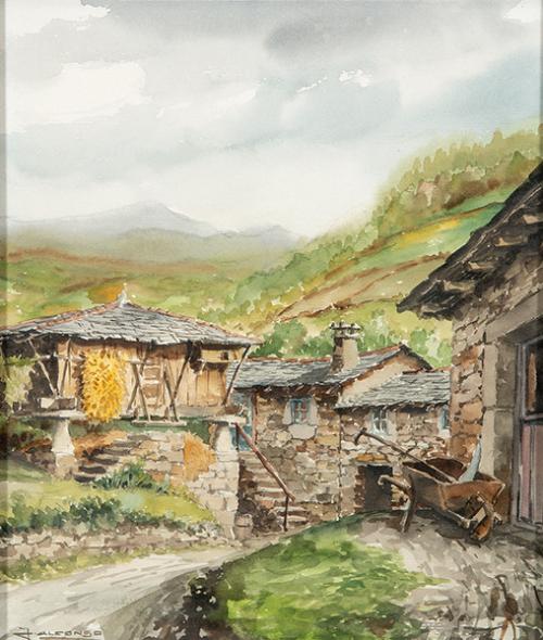  ESCUELA GALLEGA S. XX - Paisaje con Hórreos