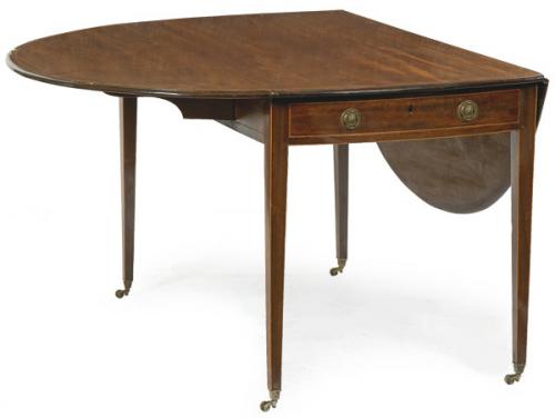 Lote 1074
Mesa de alas Regencia ovalada, en madera de caoba con fileteado de limoncillo, con patas troncopiramidales. Inglaterra principios, S. XIX. 