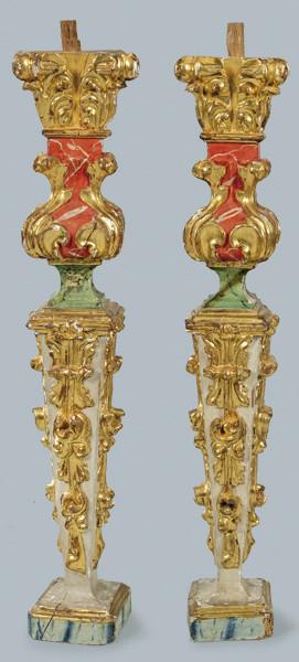  Pareja de pilastras en estípite de madera tallada, policromada y dorada, España S. XVII.