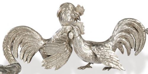  Pareja de gallos de plata española punzonada 1ª Ley de Dionisio García.