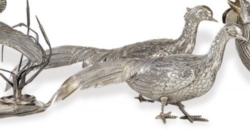  Pareja de faisanes de plata española punzonada 1ª Ley. 
