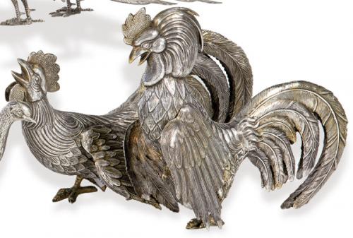  Pareja de gallos de plata española punzonada 1ª Ley de Dionisio García.