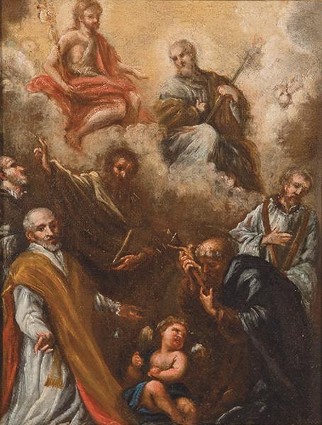 Lote 0070
ESCUELA SEVILLANA S. XVII - Visión celestial con santos defensores de la Trinidad