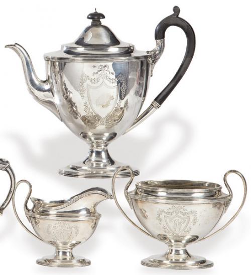  uego de te de tres piezas de plata inglesa punzonada Ley Sterling de Walter & John Barnard, Londres 1894.