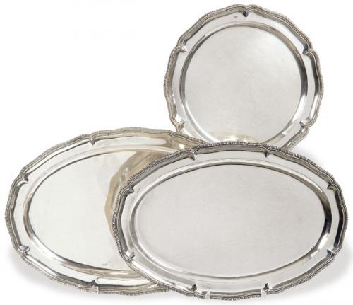  Juego de tres bandejas de servir de plata mejicana punzonada Ley Sterlng de Villa.