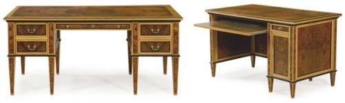  Mesa escritorio estilo Luis XVI, con dos pedestales con cajones apoyados en patas troncopiramdales.
S. XX